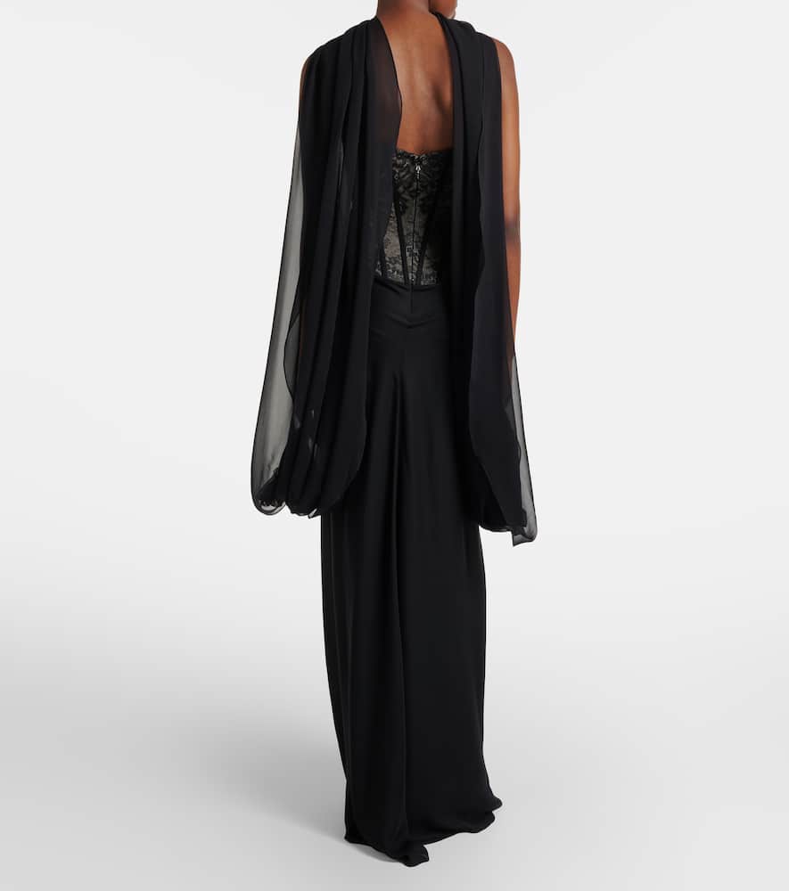 Scarf-detail draped lace gown