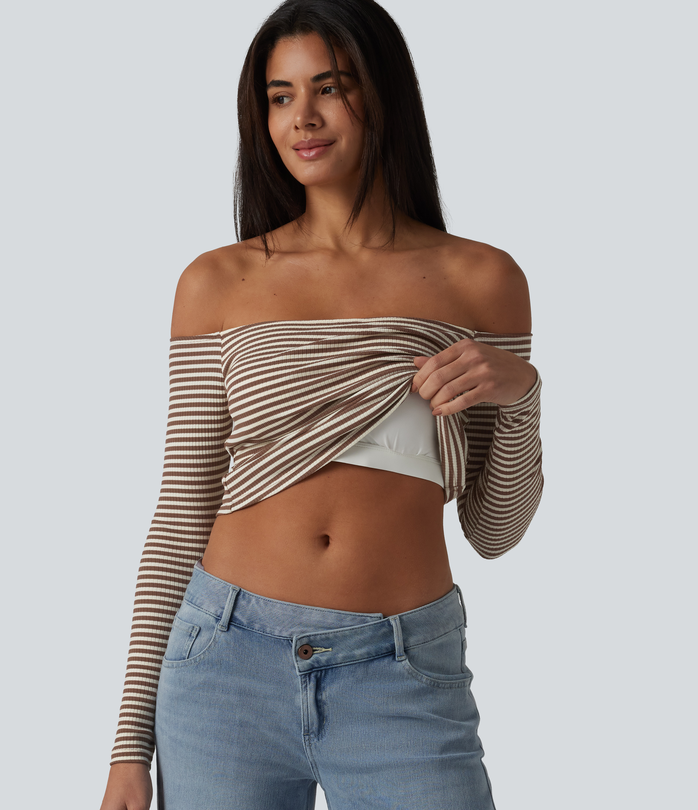 Ribbed Knit Off Shoulder Long Sleeve Built-in Bra Stripe Casual T-Shirt  - Wood Stripe