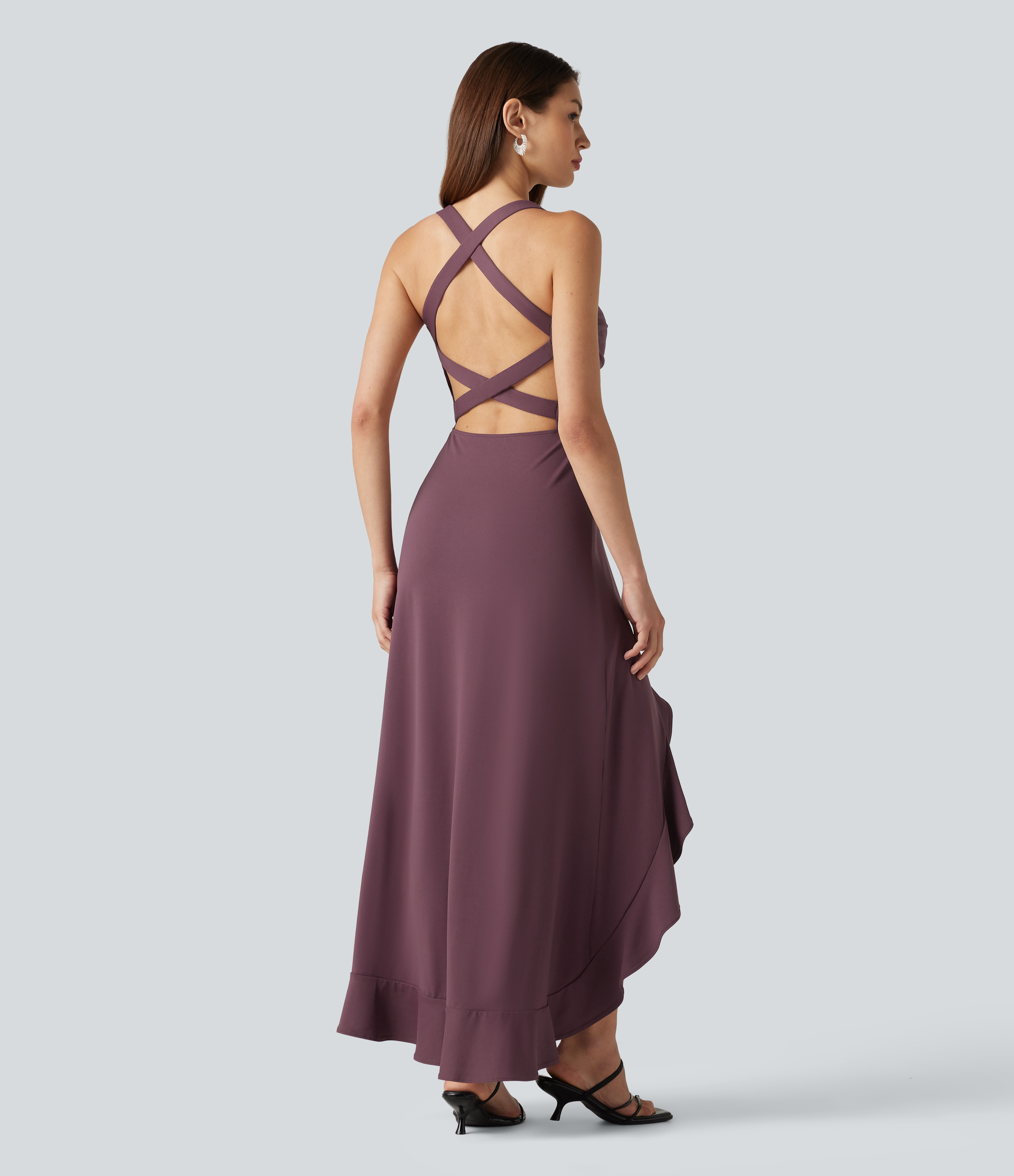 Crisscross Backless Split Ruffle Hem Built-in Bra Midi Party Flowy Dress - Plum Wine