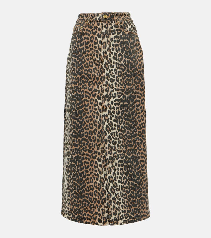 Leopard-print denim maxi skirt