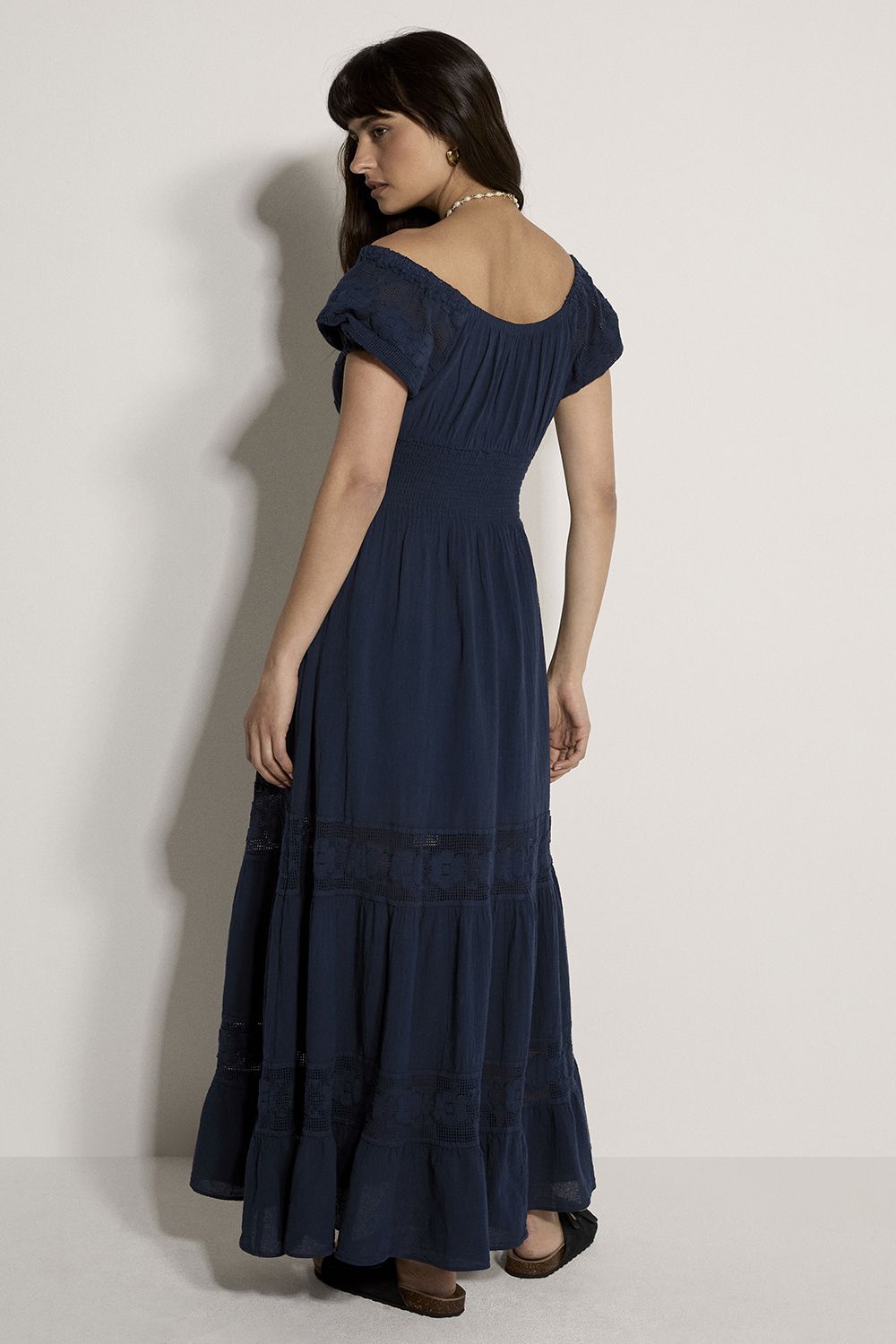 Apricot Women's Floral Lace Cotton Milkmaid Maxi Dress in Navy