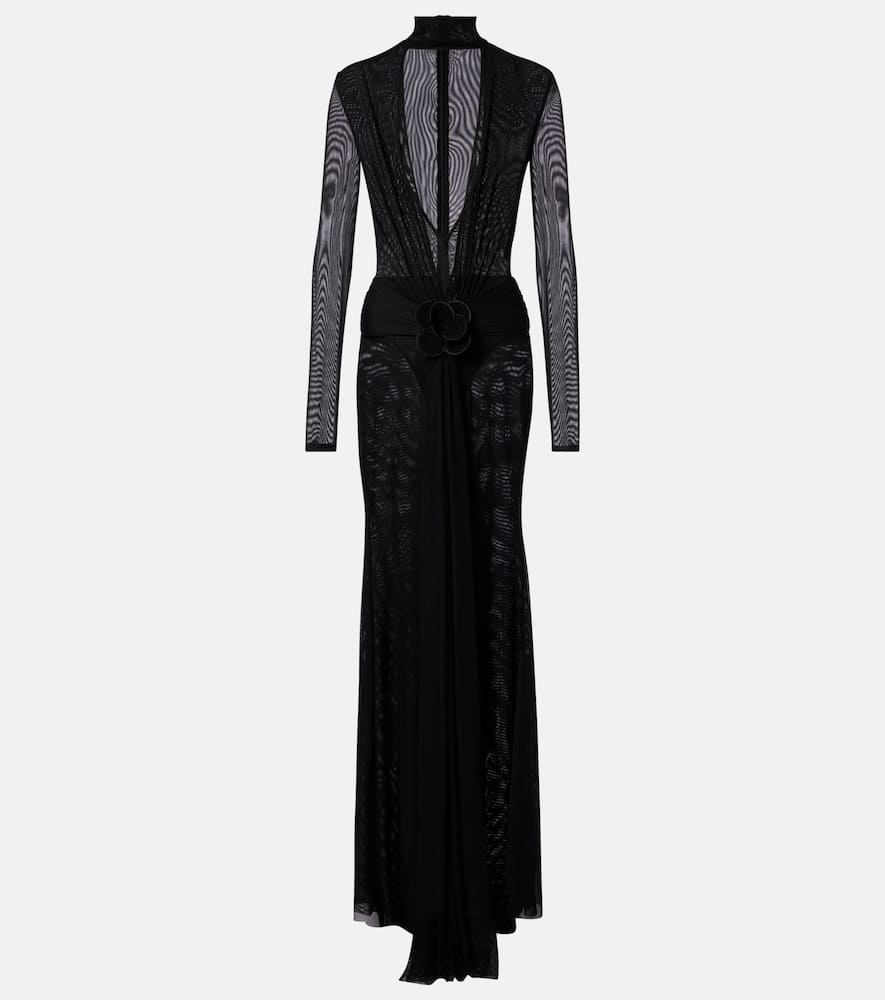 Floral-appliqué mesh gown
