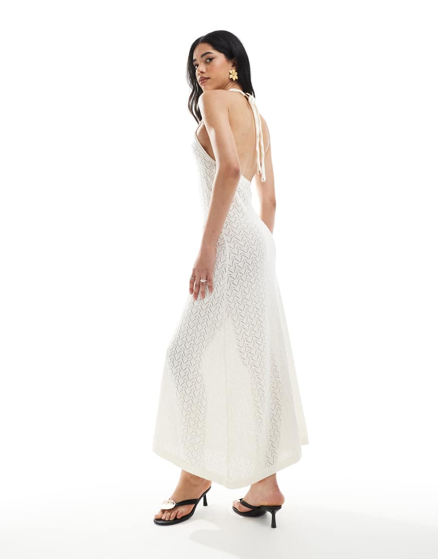 ASOS DESIGN knit halter maxi dress with gold shell in ecru-White