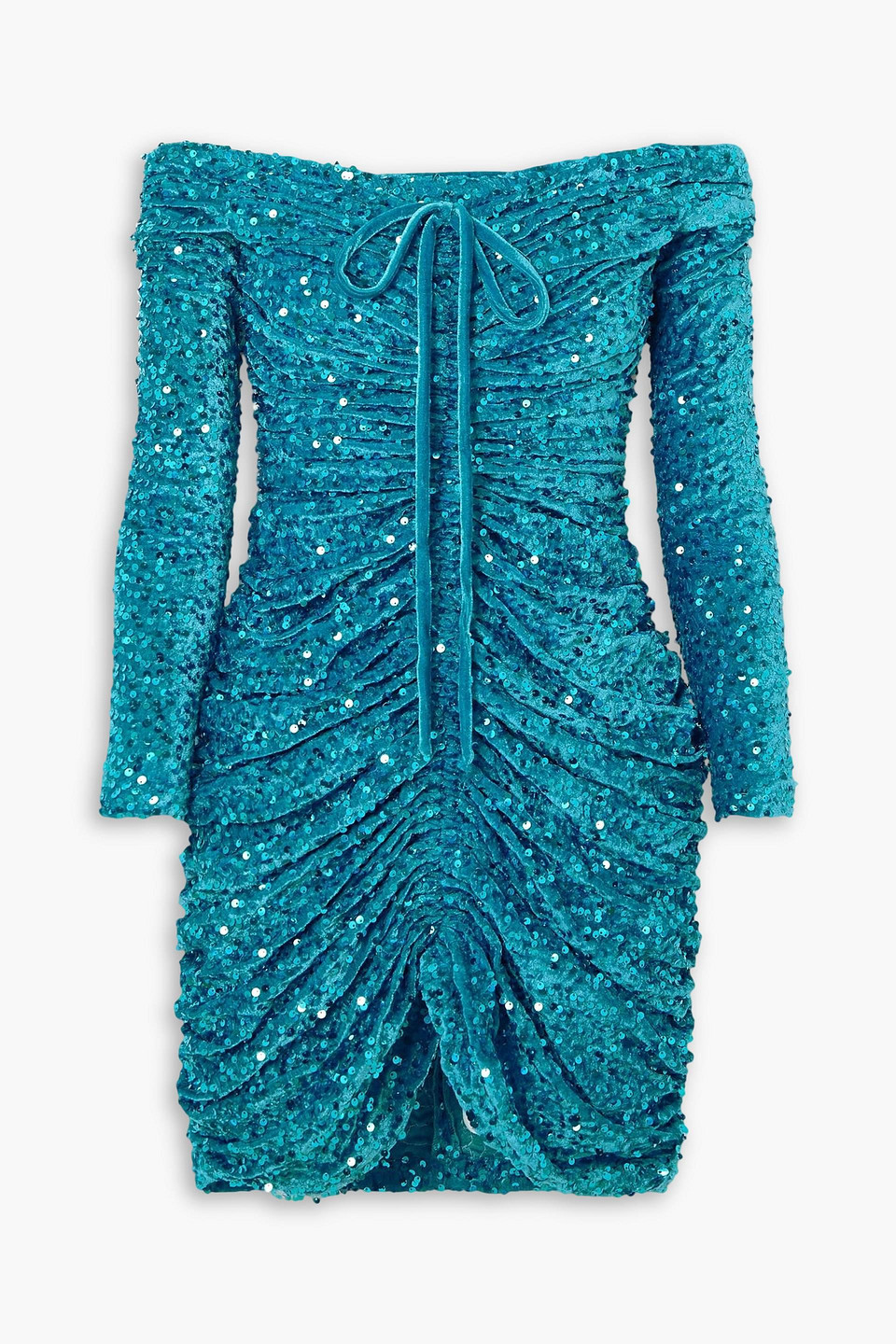 Ruched off-the-shoulder sequined stretch-velvet mini dress