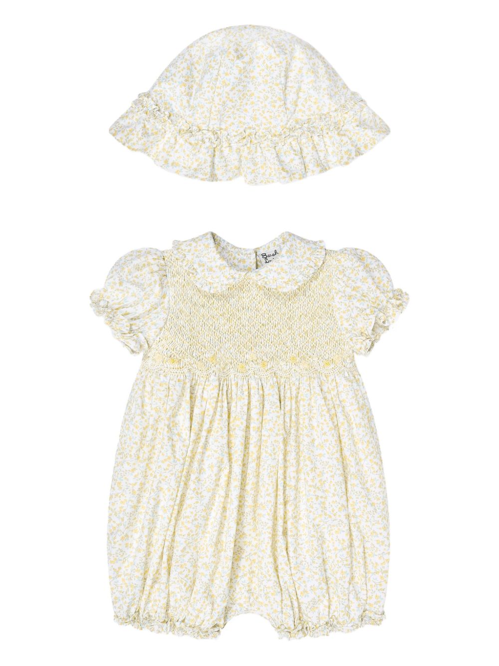 Smocked floral-print babygrow set - White