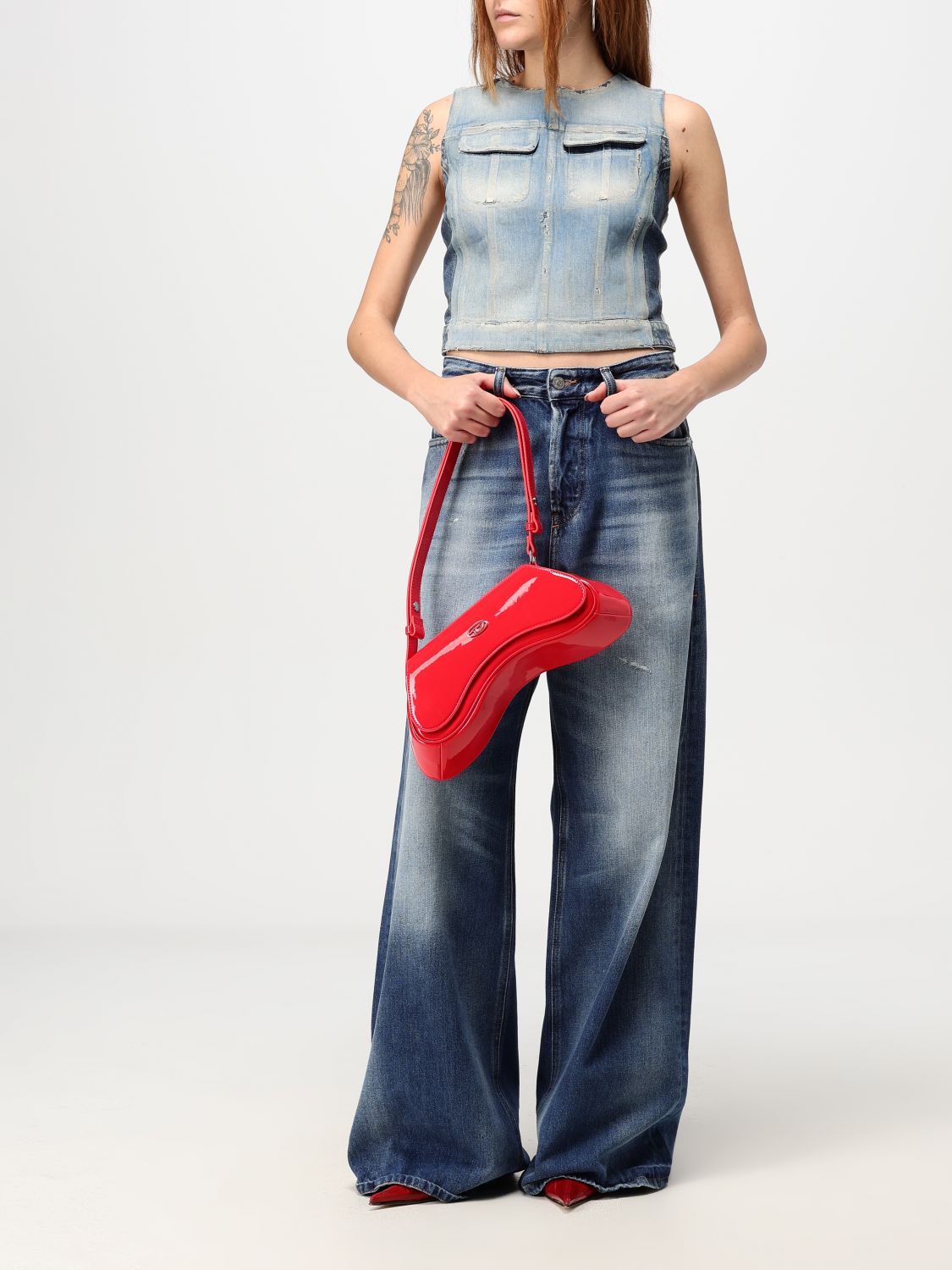 Top in peel-off denim and jersey