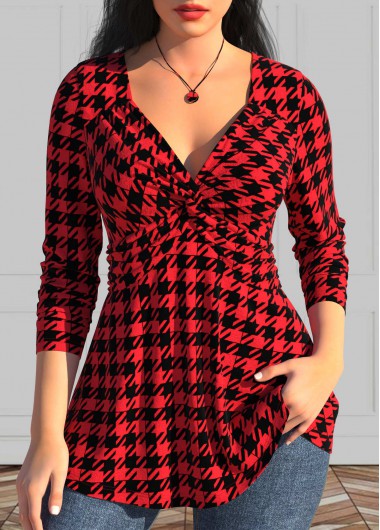 Modlily Red Twist Geometric Print Long Sleeve T Shirt
