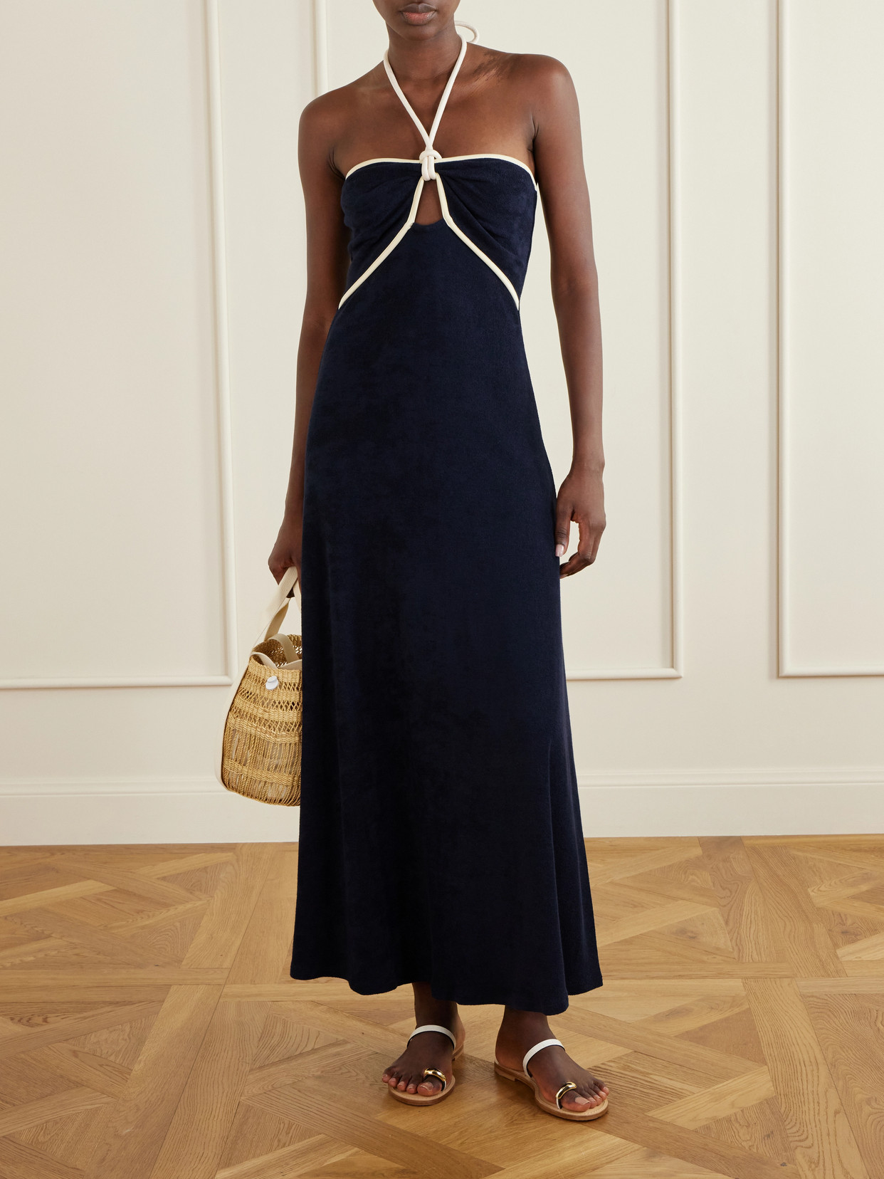 Gleymoon Cut-out Cotton-terry Halterneck Maxi Dress - Navy