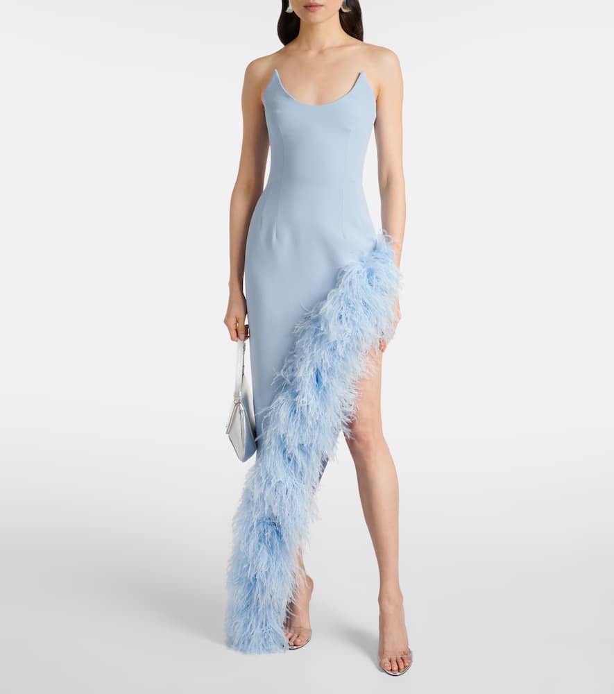Asymmetric feather-trimmed cocktail dress
