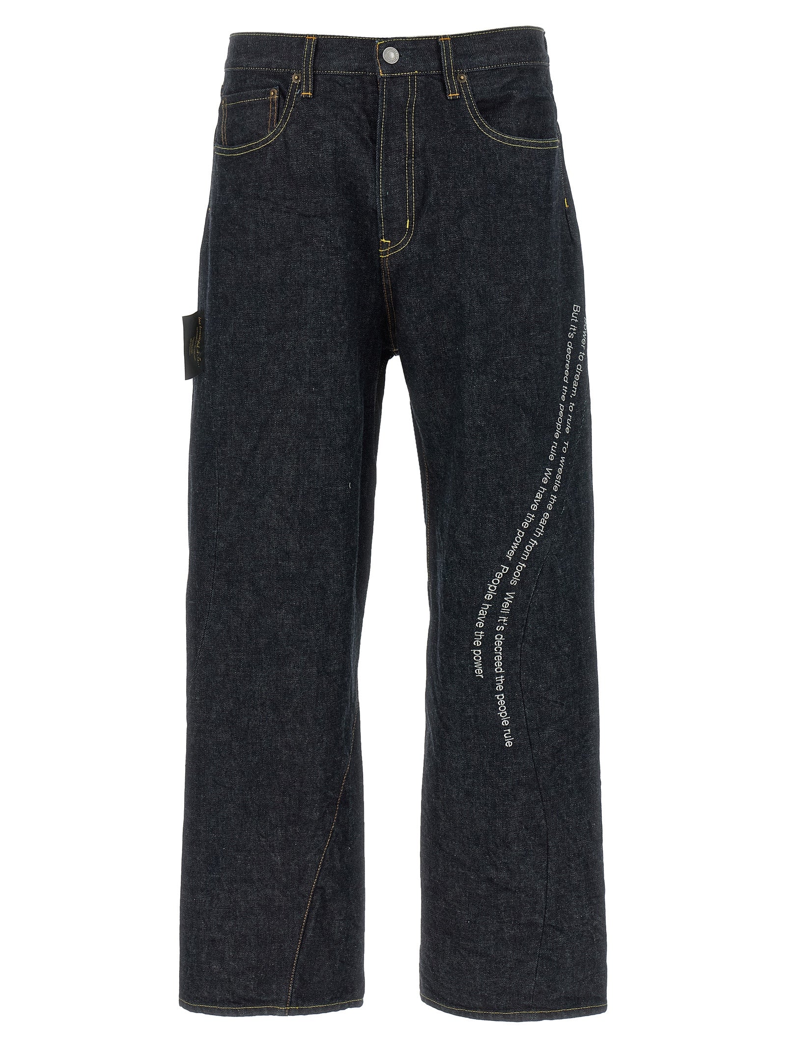 Text-Embroidered Denim Jeans — Blue