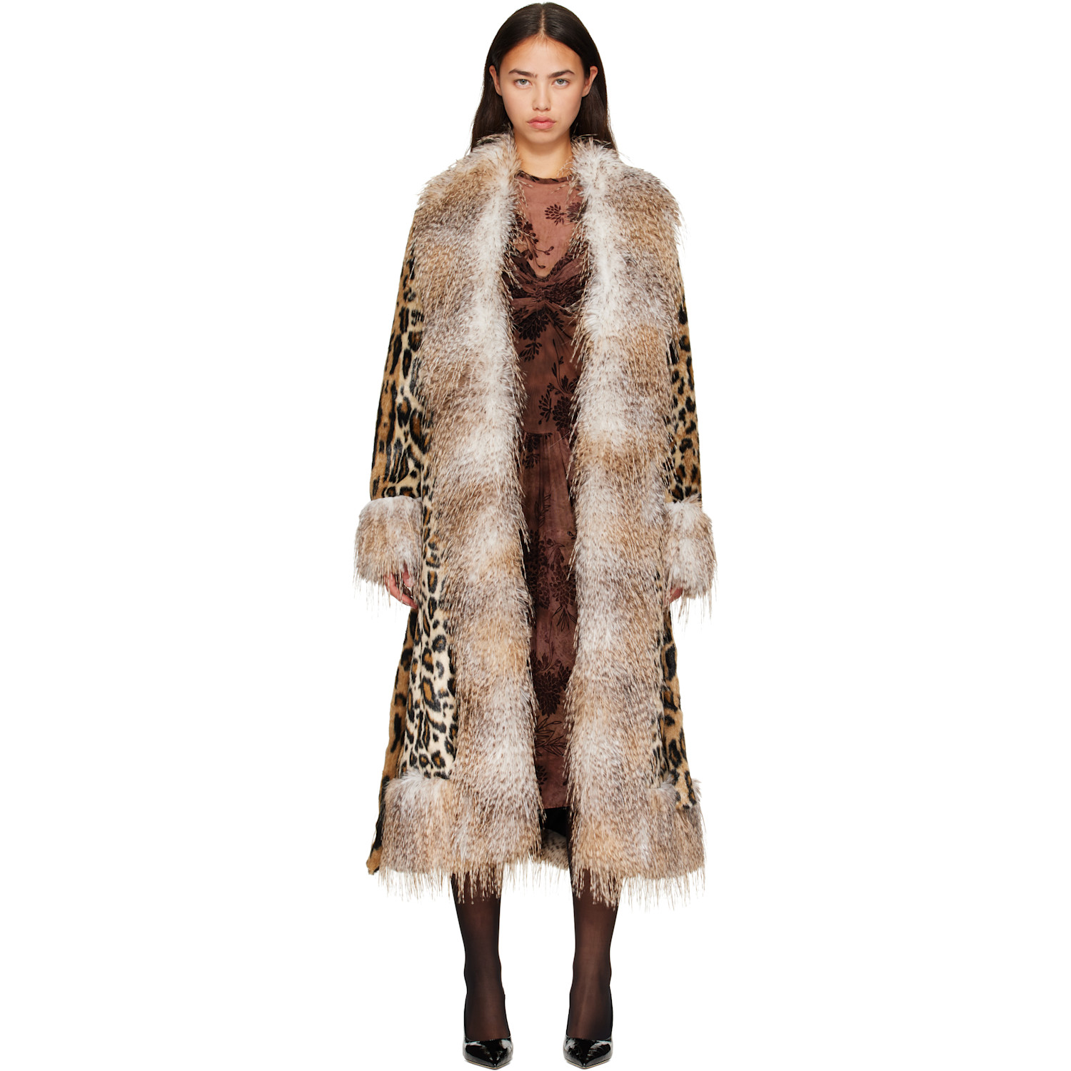 Beige & Brown Belted Faux-Fur Coat