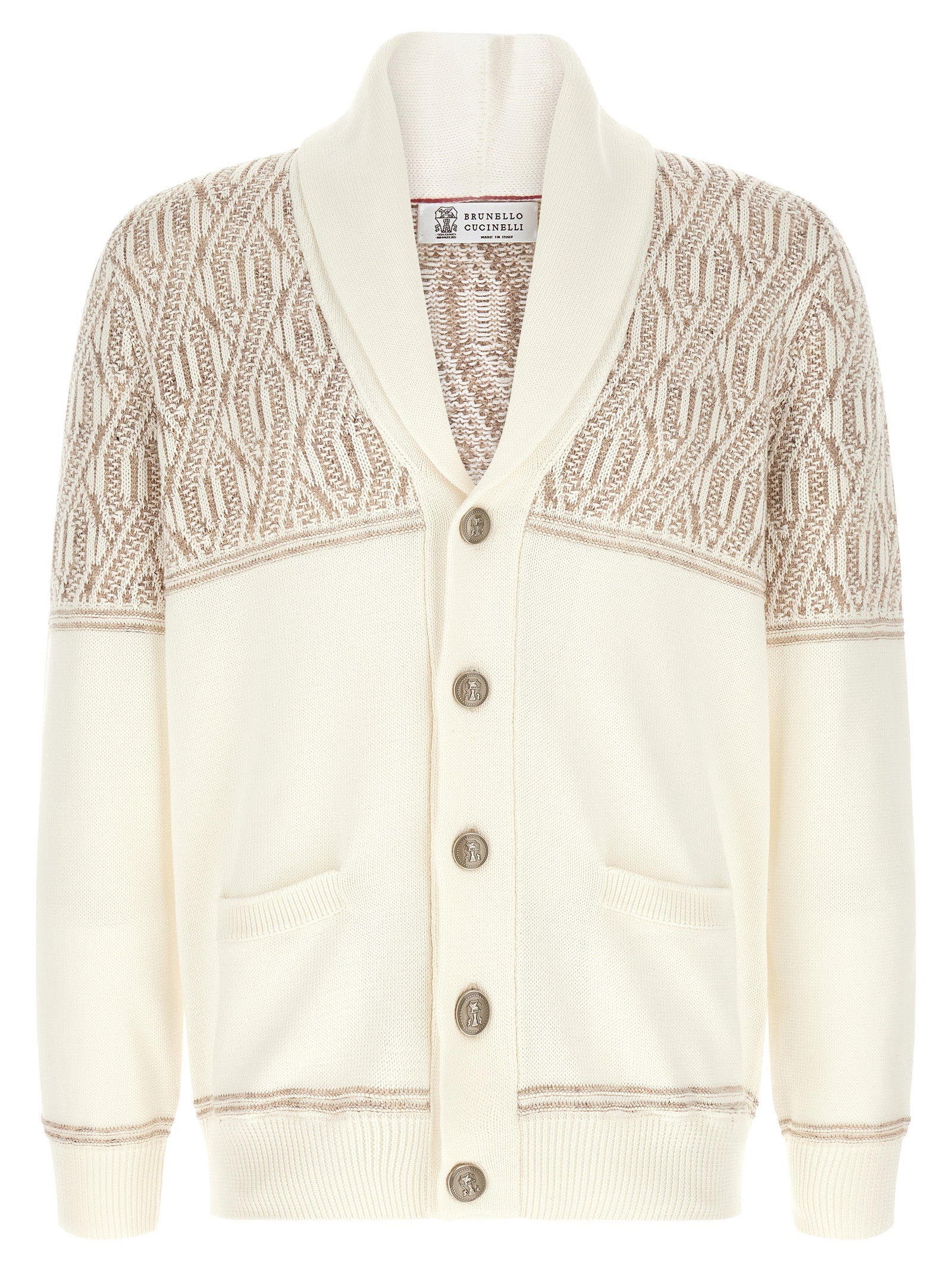 Jacquard Knit Cotton Cardigan — Beige