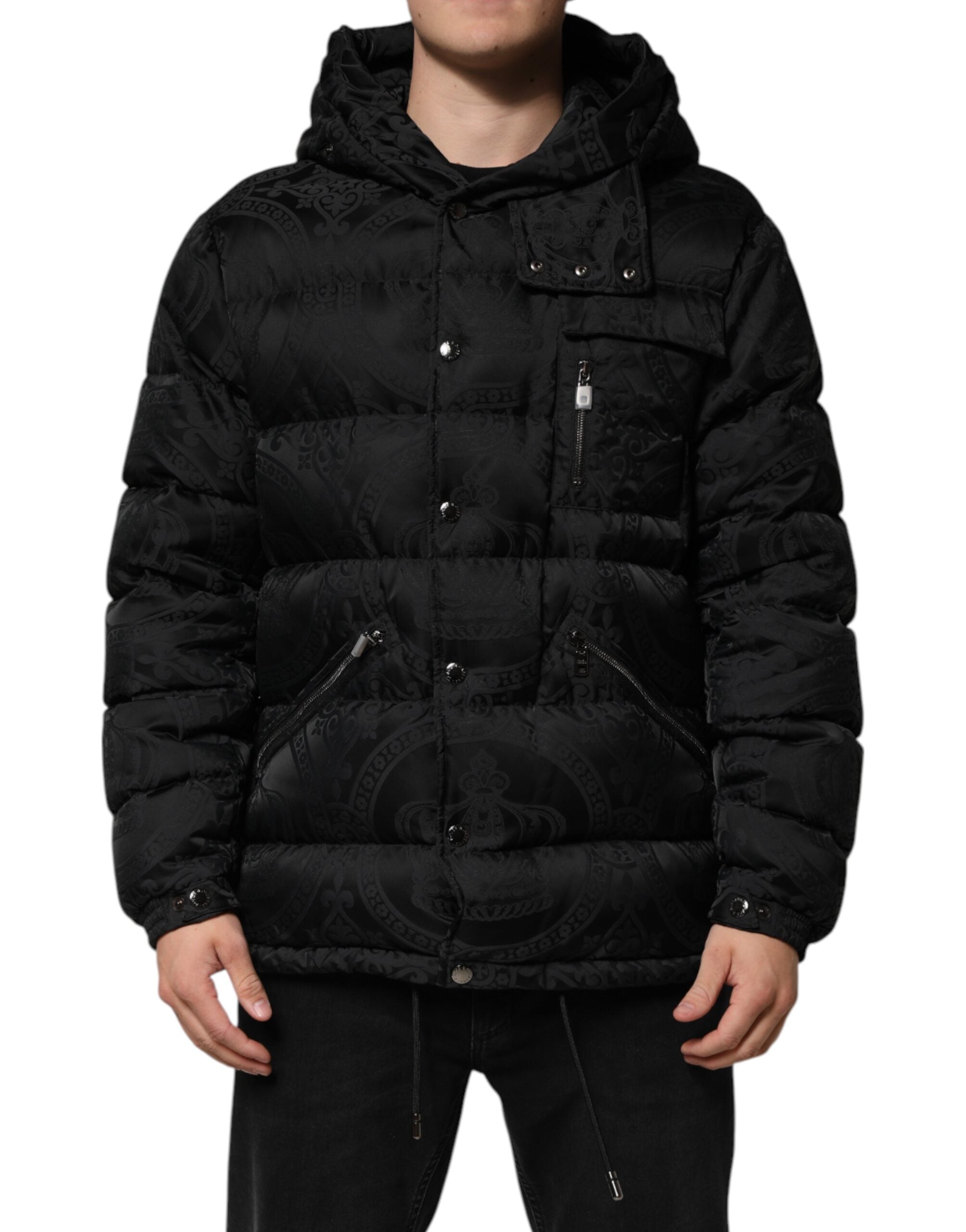 Jacquard Quilted Puffer Down Jacket — Black