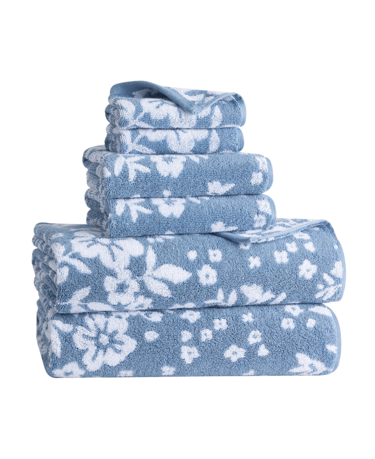 Folk Floral Cotton 6-Pc. Bath Towel Set - Dusty blue
