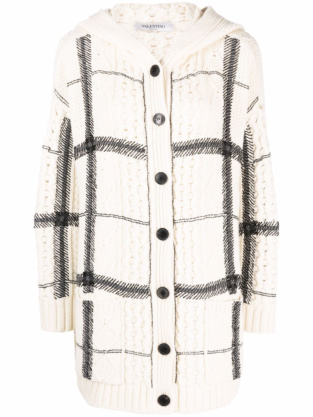 Bead-embellished check-pattern hooded cardigan - White