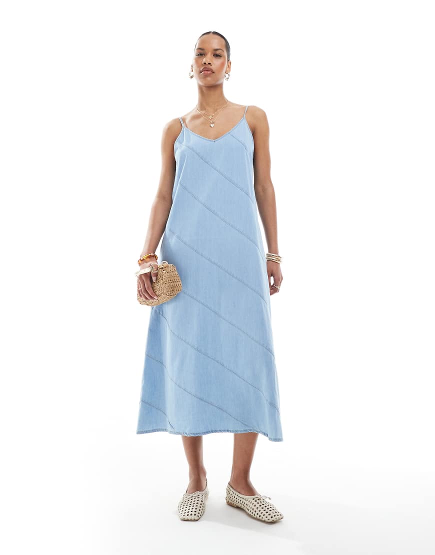 Denim midaxi dress with cut & sew detail in light blue