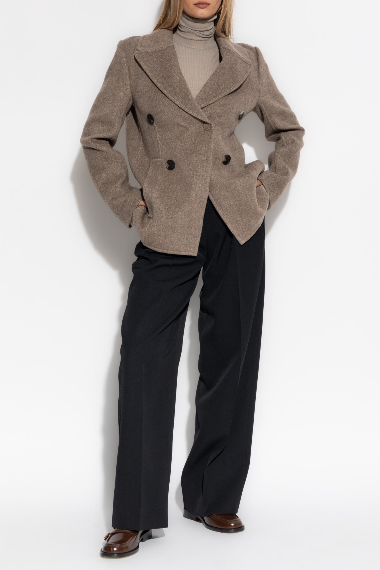 Short Double-breasted Coat, Women's, Brown