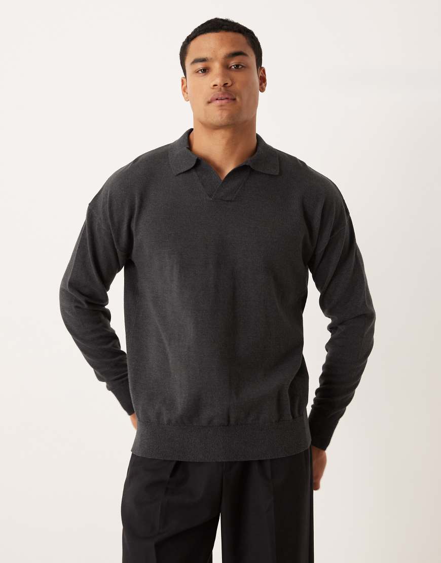 Relaxed long sleeve knitted notch neck polo in charcoal marl-Grey