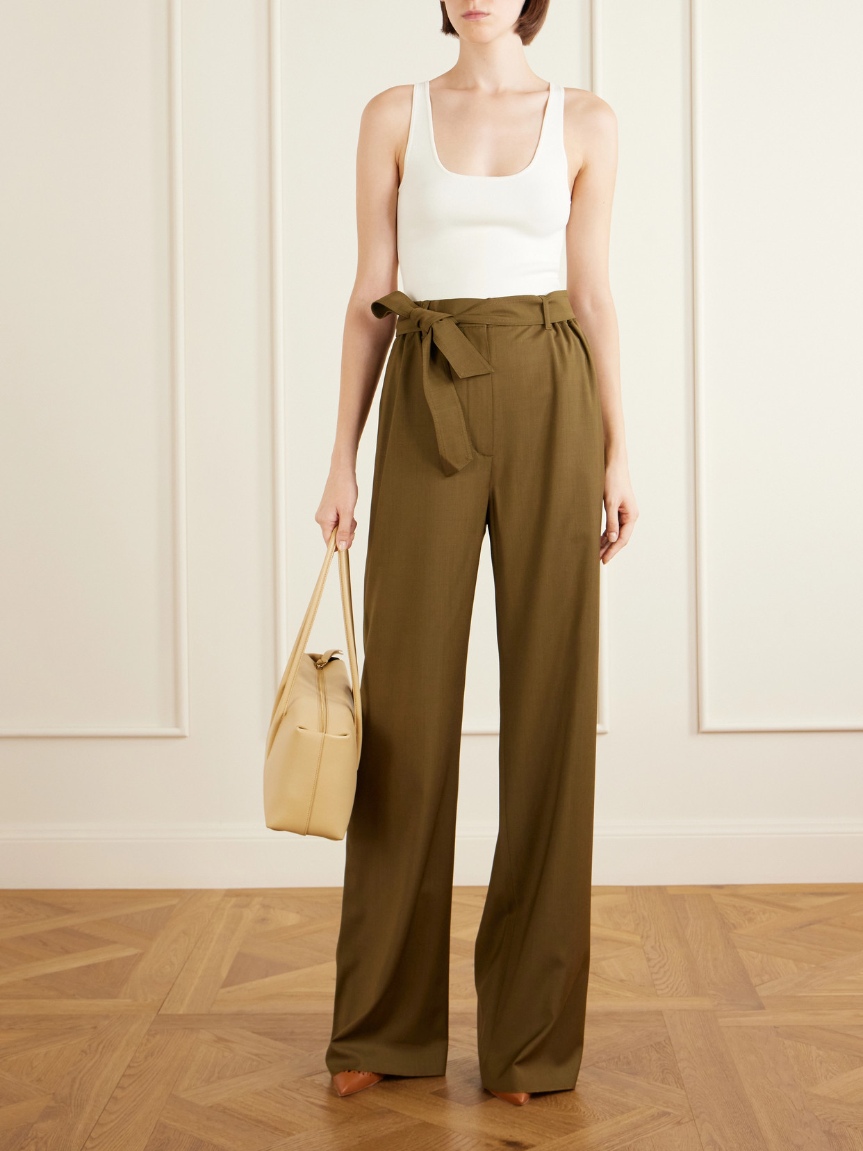 Editto Belted Wool Grain De Poudre Wide-leg Pants - Green