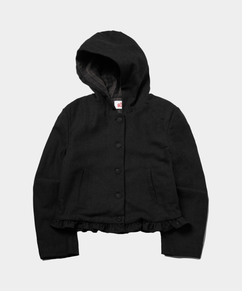 Frill Classic Women's Check Color Block Single Button Hooded Short Coat Jacket _2COLOR