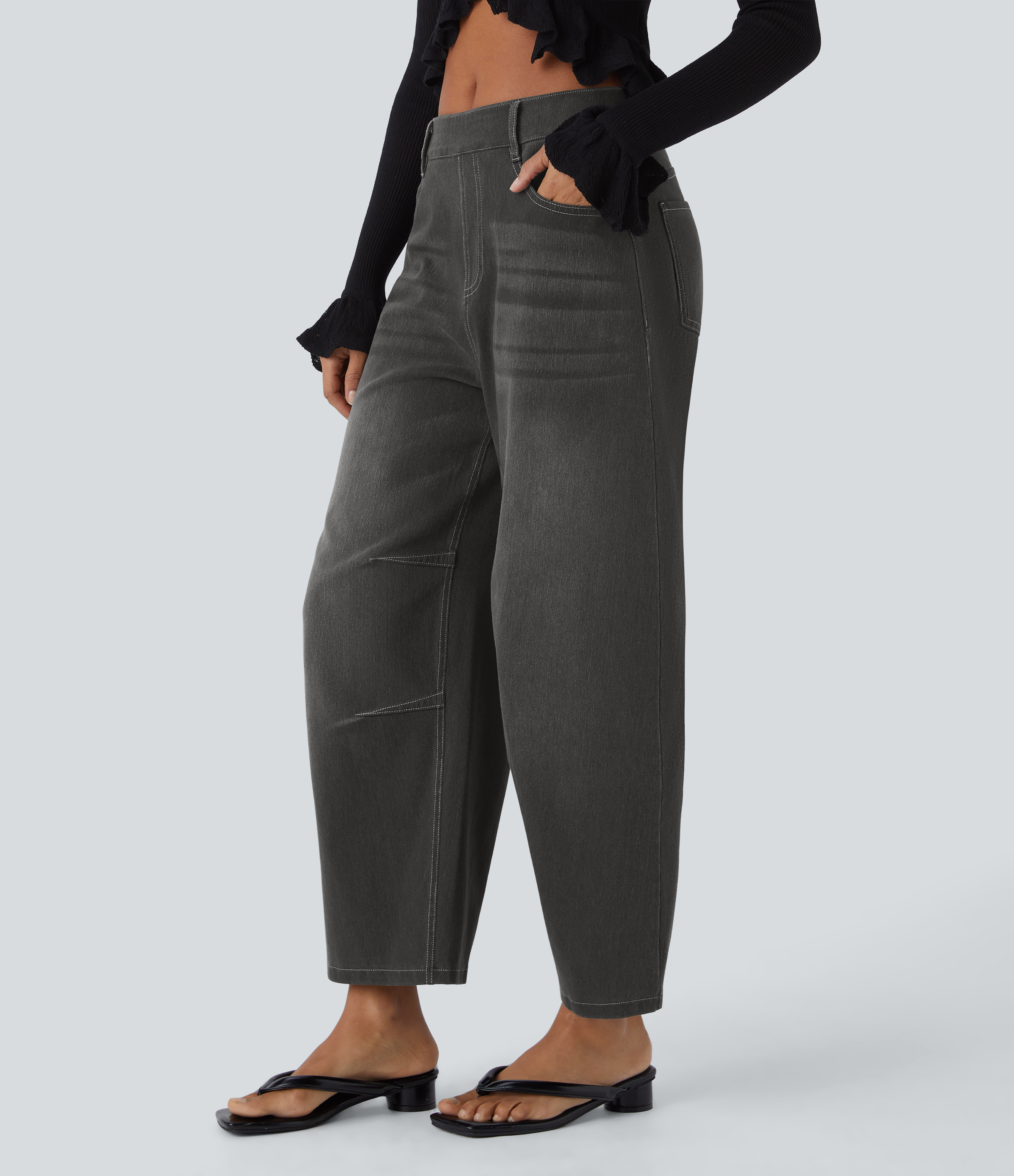 Halara Halara Flex™ Mid Rise Pockets Barrel Leg Casual Jeans - Dirty Black Denim - XLregular