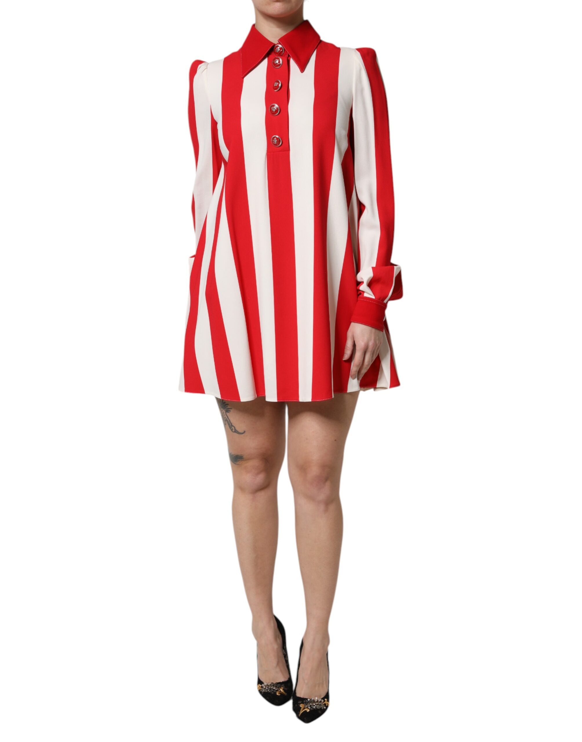 Striped Shirt Collar Dress — Red