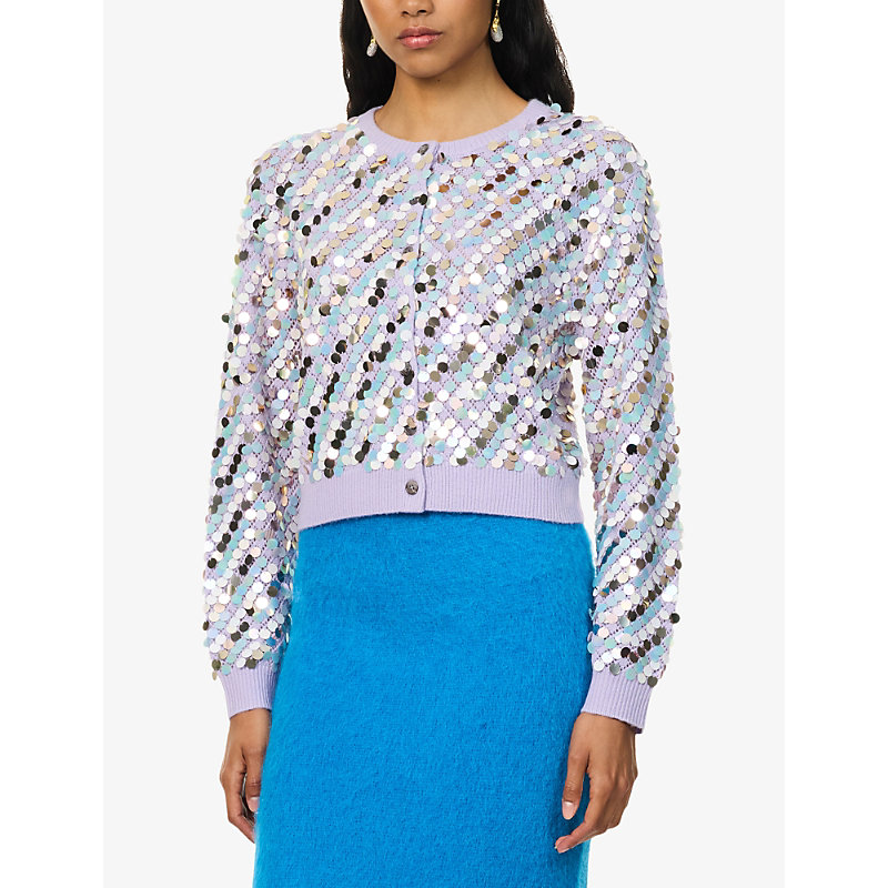 Womens Paillette-Embellished Knitted Wool-Blend Cardigan