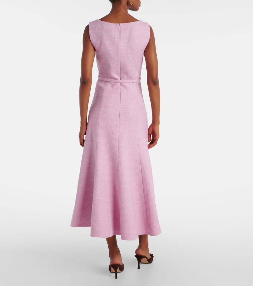 Asymmetric belted bouclé midi dress