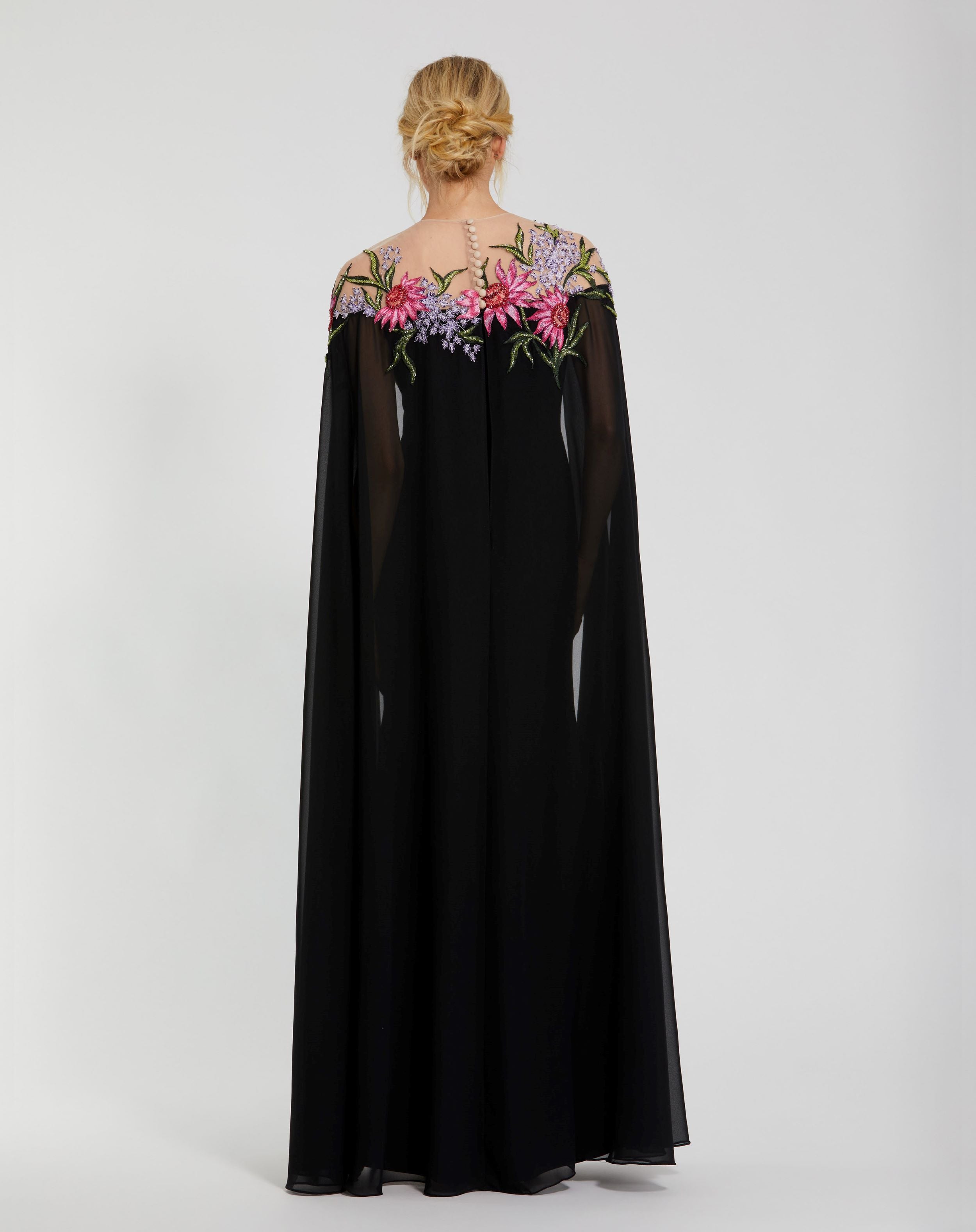 Black Sheer Cape Wedding Guest Maxi Gown with Beaded Embroidery