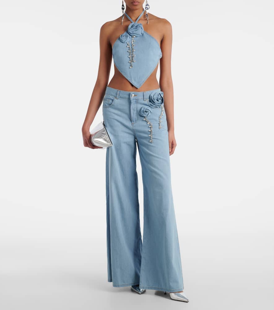 Embellished floral-appliqué wide-leg jeans