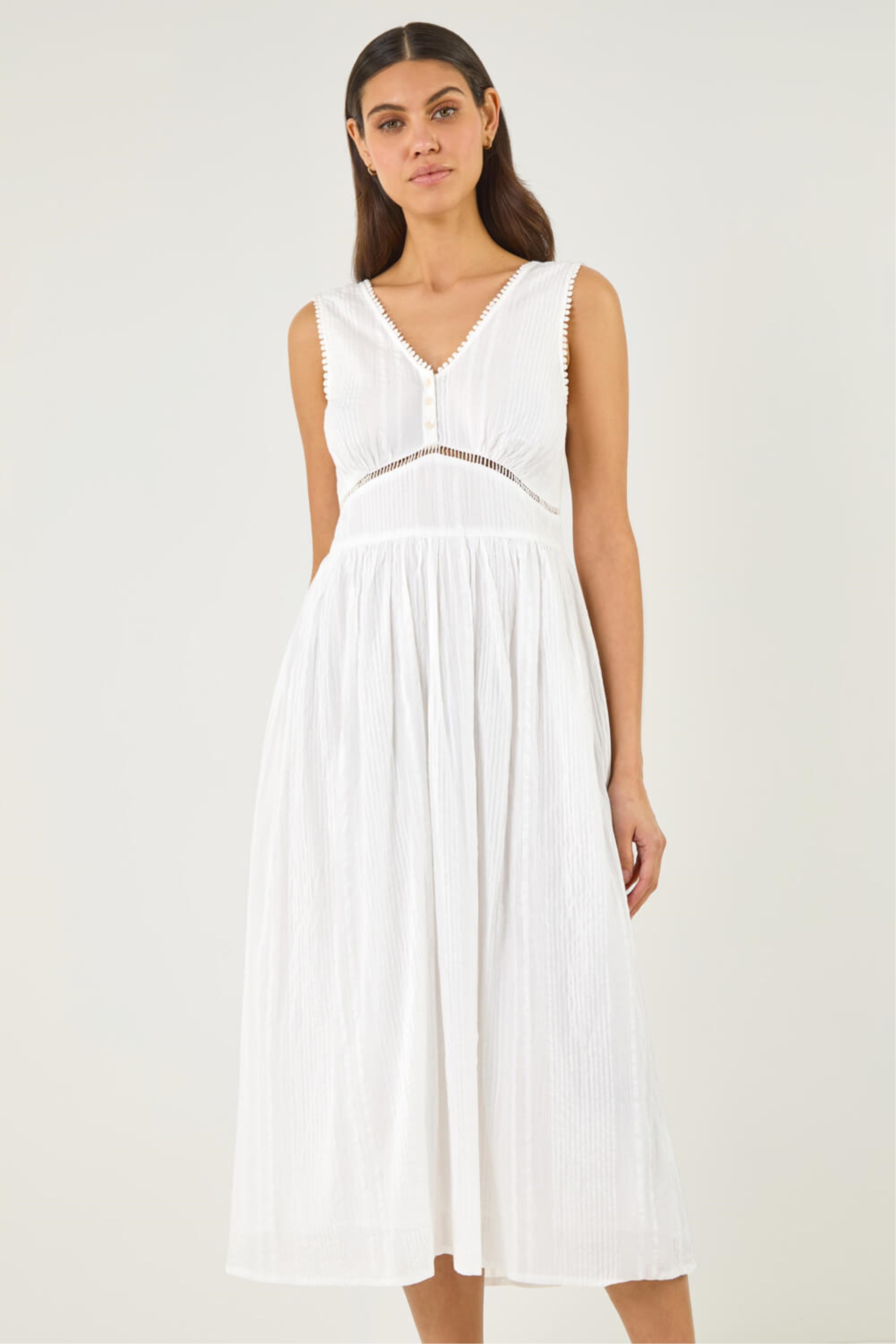 Roman Womens Seersucker V-Neck Midi Dress - White