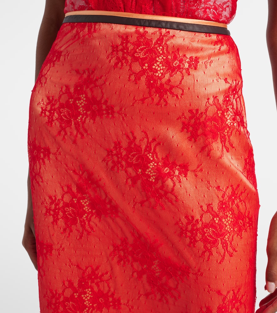 Embroidered leather-trimmed lace midi skirt
