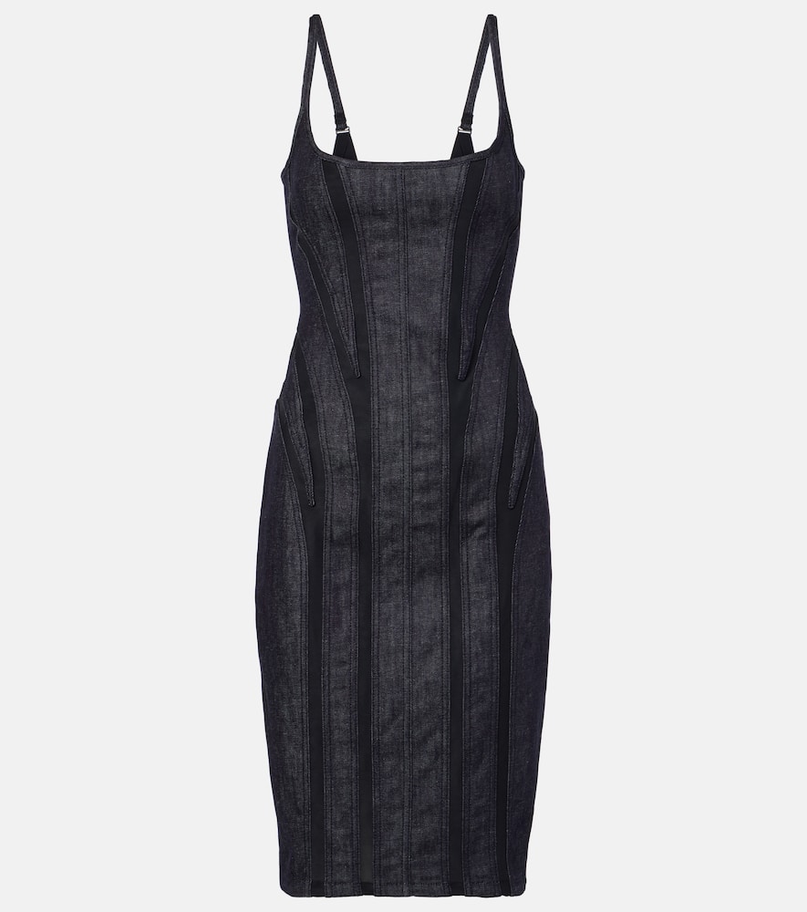 Mesh-trimmed denim midi dress