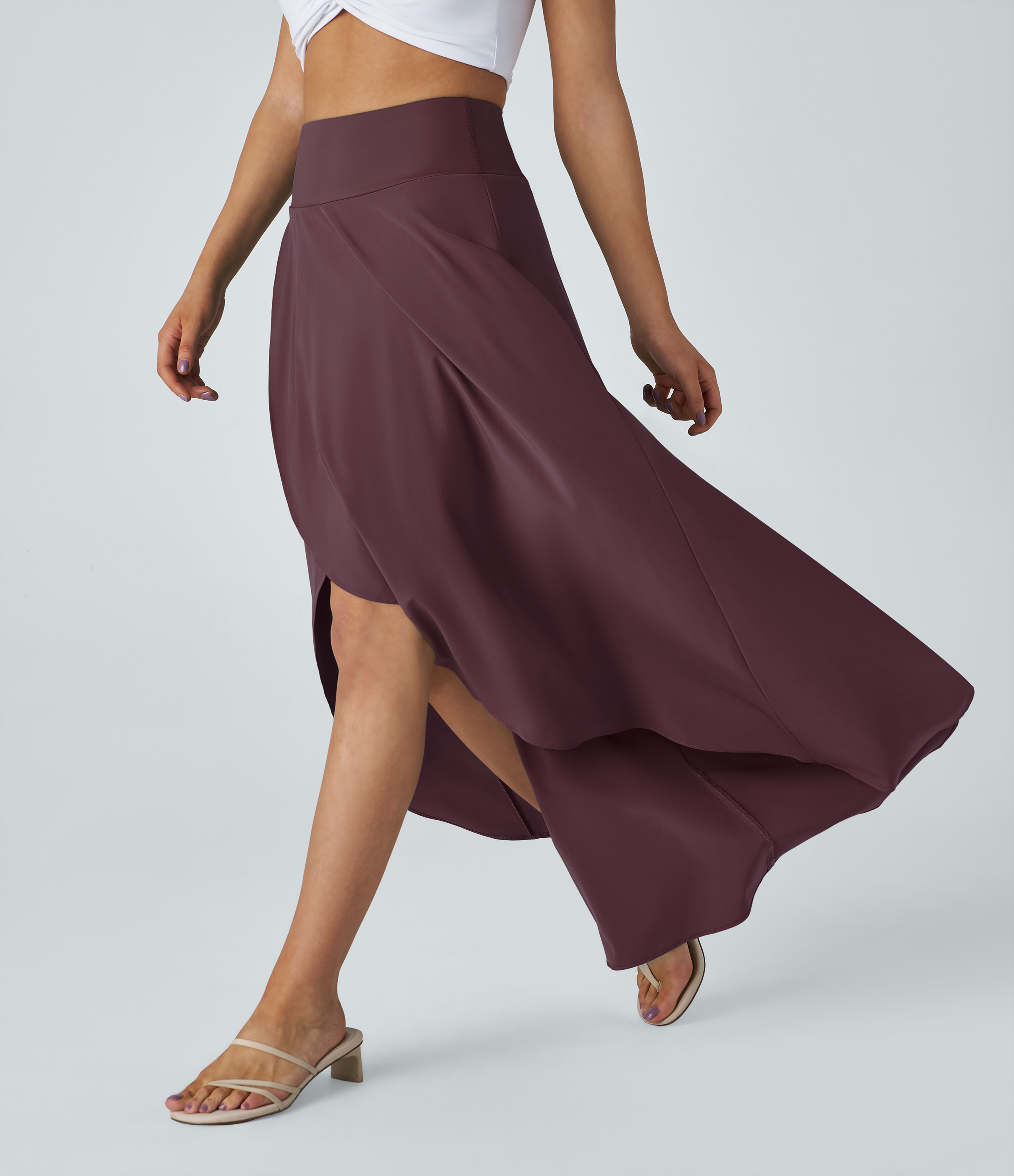 Breezeful™ High Waisted High Low Ruffle 2-in-1 Flowy Quick Dry Casual Regular Maxi Skirt  - Amaranth