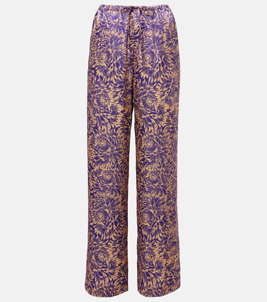Floral silk satin wide-leg pants