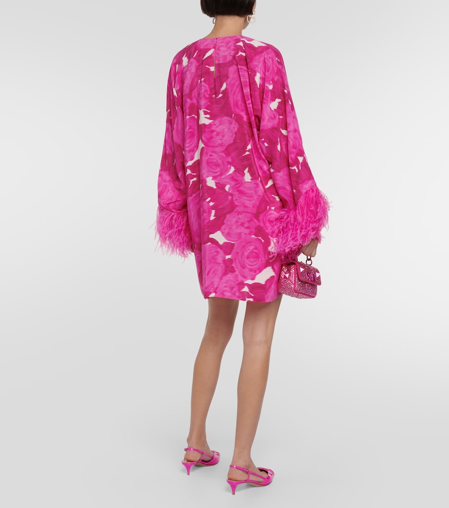 Floral feather-trimmed silk minidress