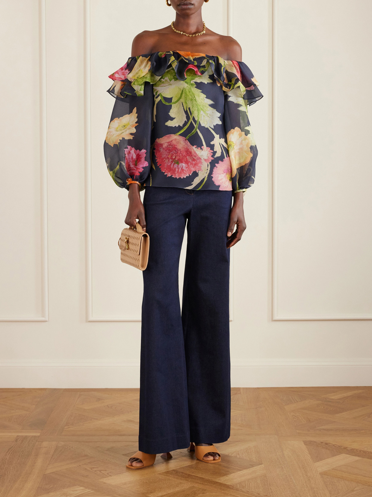 Off-the-shoulder Floral-print Silk-organza Top - Blue