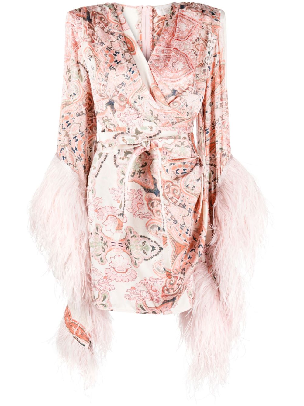Geisha paisley-print feather-detail minidress - Pink