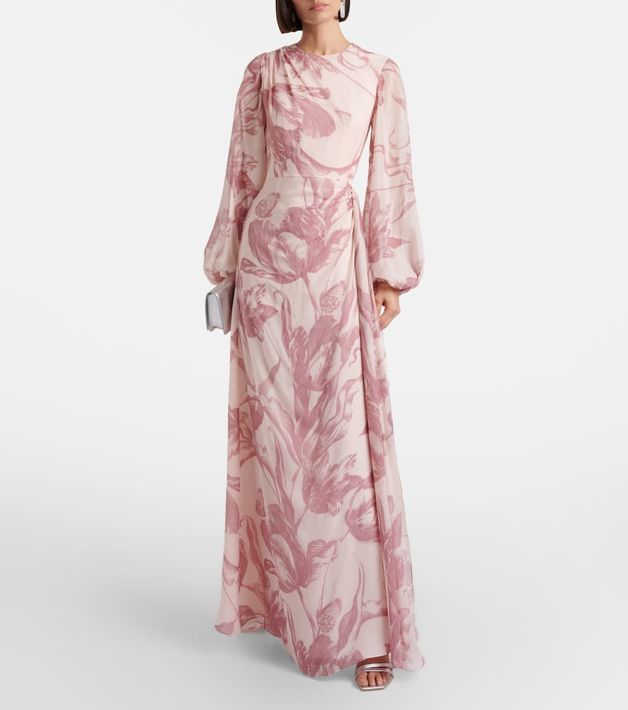 Draped floral silk voile gown