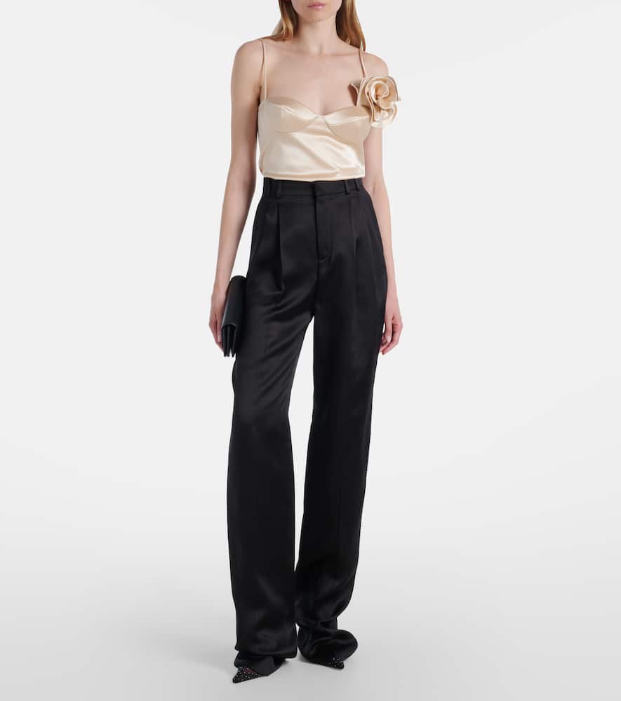 Floral-appliqué silk-blend satin top