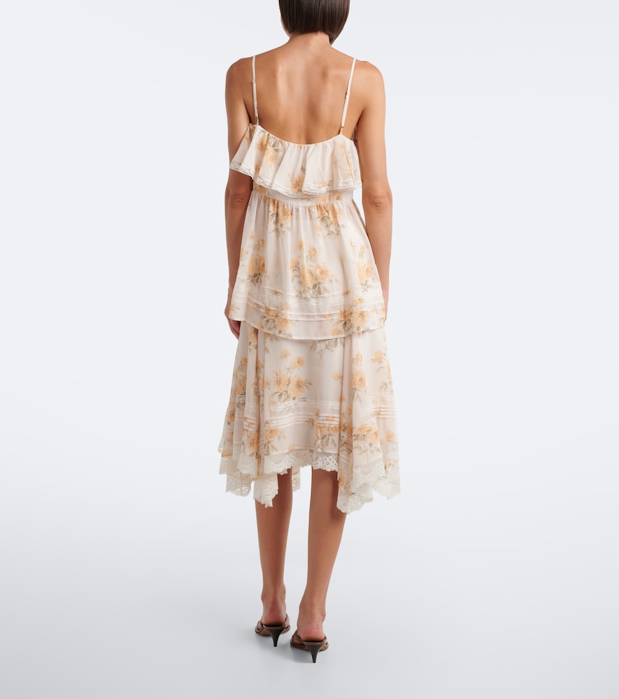 Floral asymmetric lace-trimmed midi skirt
