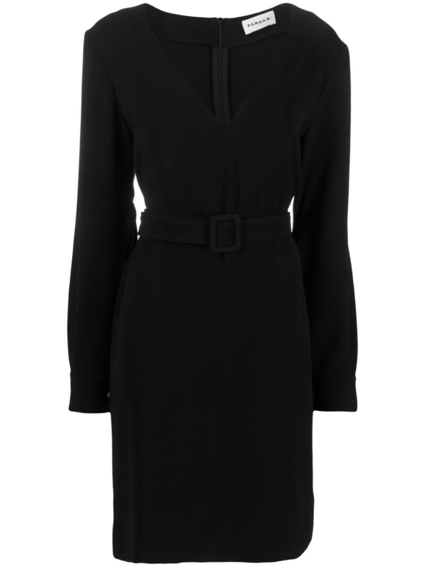 Black Belted V-neck Minidress