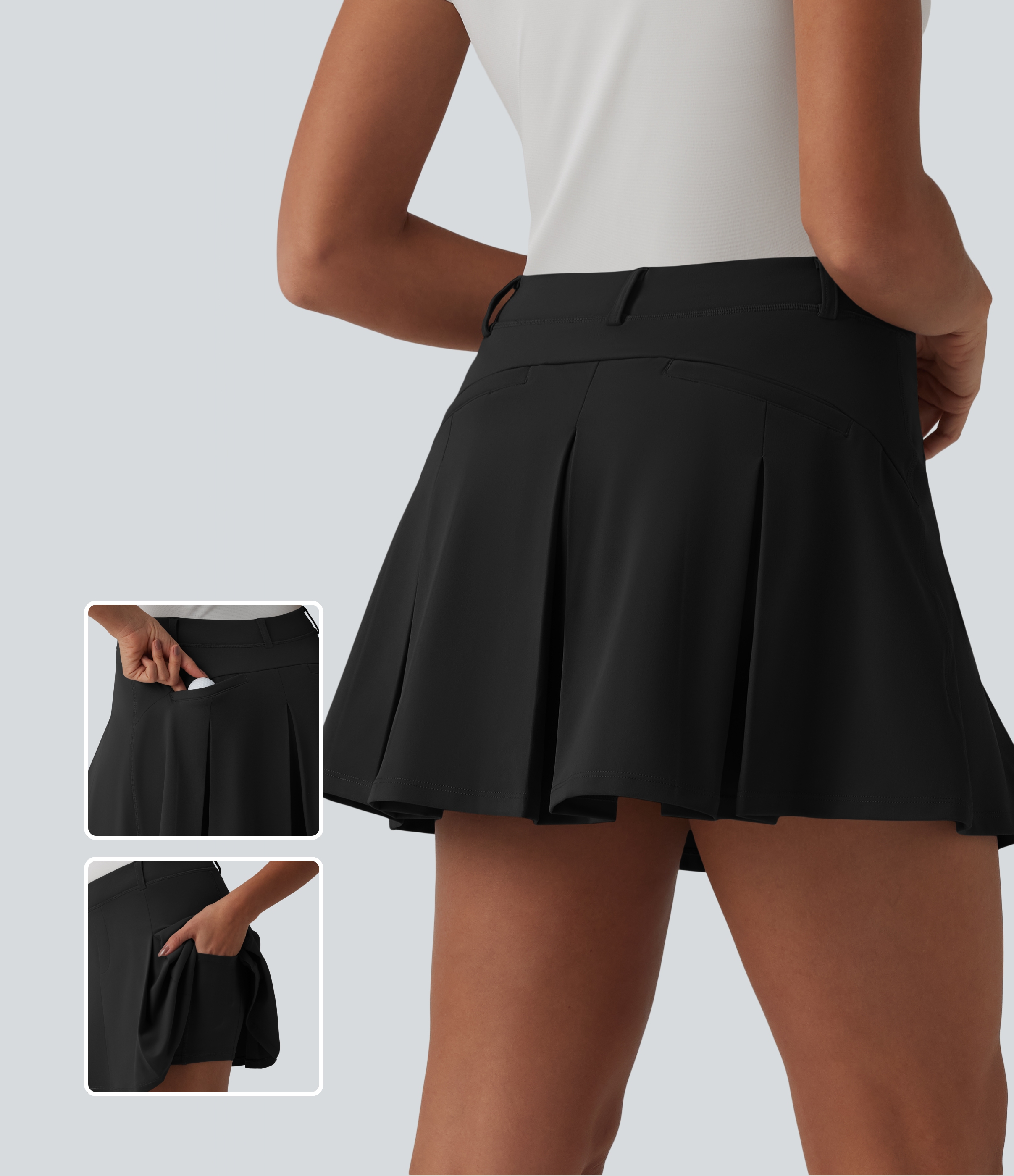 DayStretch Asymmetric Mid Rise 2-in-1 Pleated Mini Golf Skirt with Pockets - Black