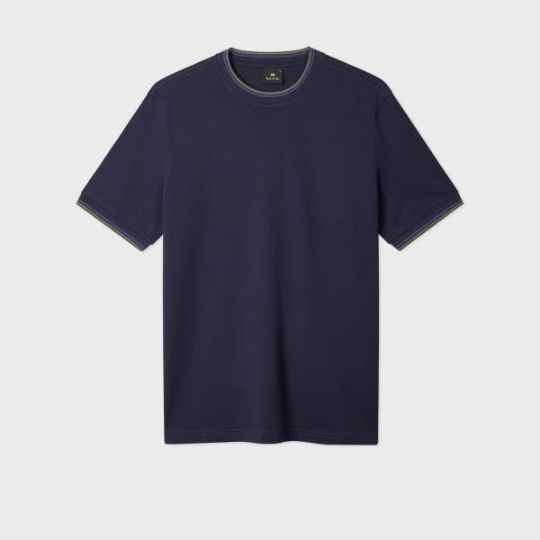 Navy Cotton-Blend T-Shirt with 'Sports Stripe' Tipping Blue