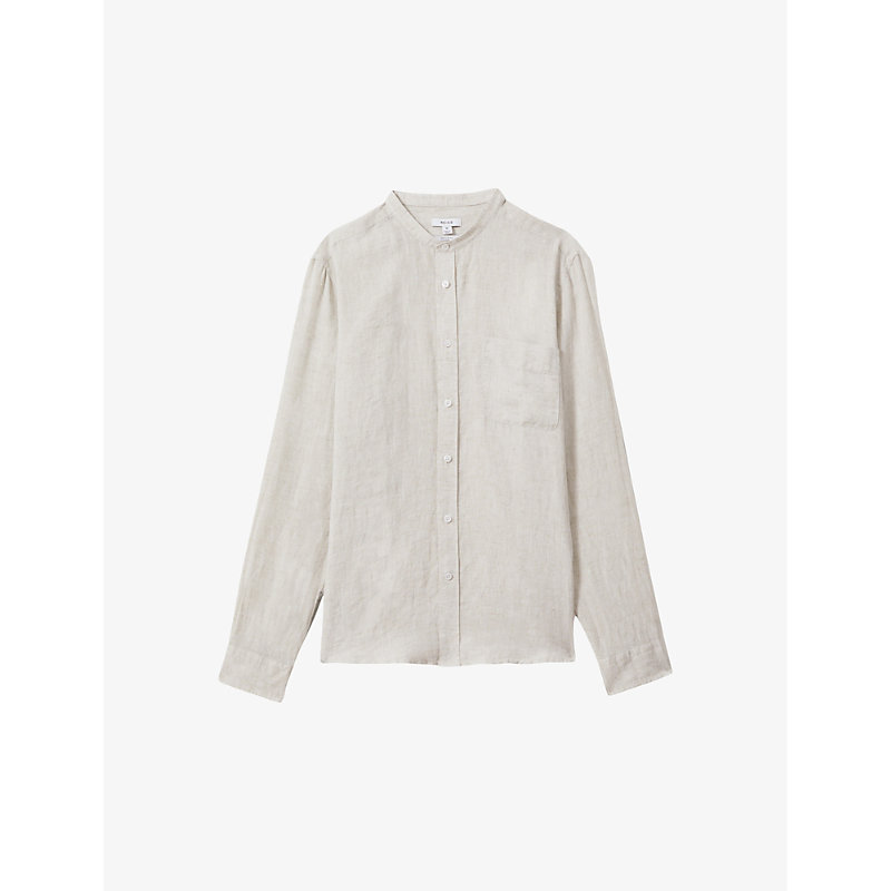 Mens Stone Ocean Grandad-collar Striped Linen Shirt