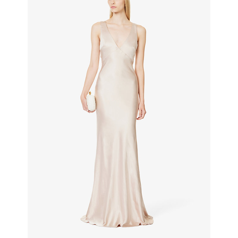 Womens Oyster Twist-back V-neck Satin Maxi Dress