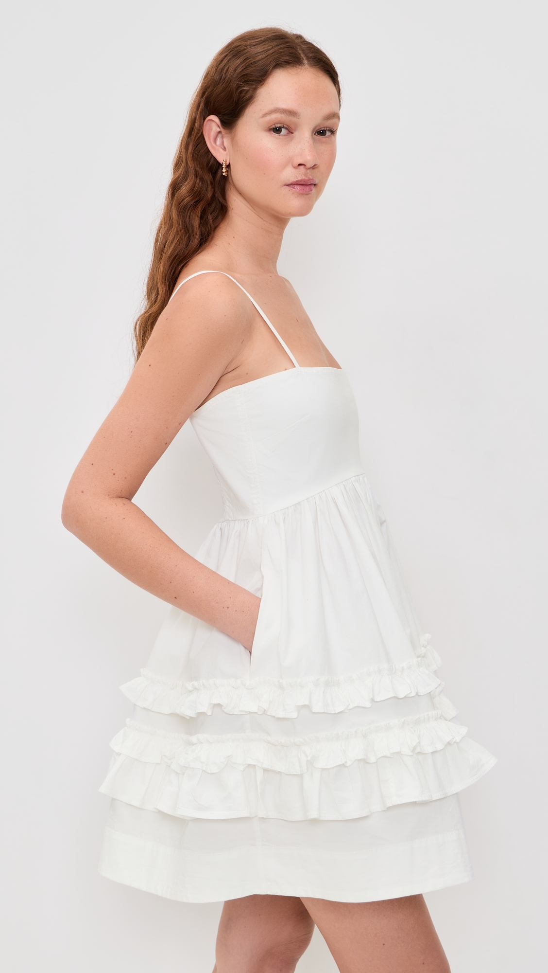 Stretch Cotton Mini Strap Dress with Frill Bright White