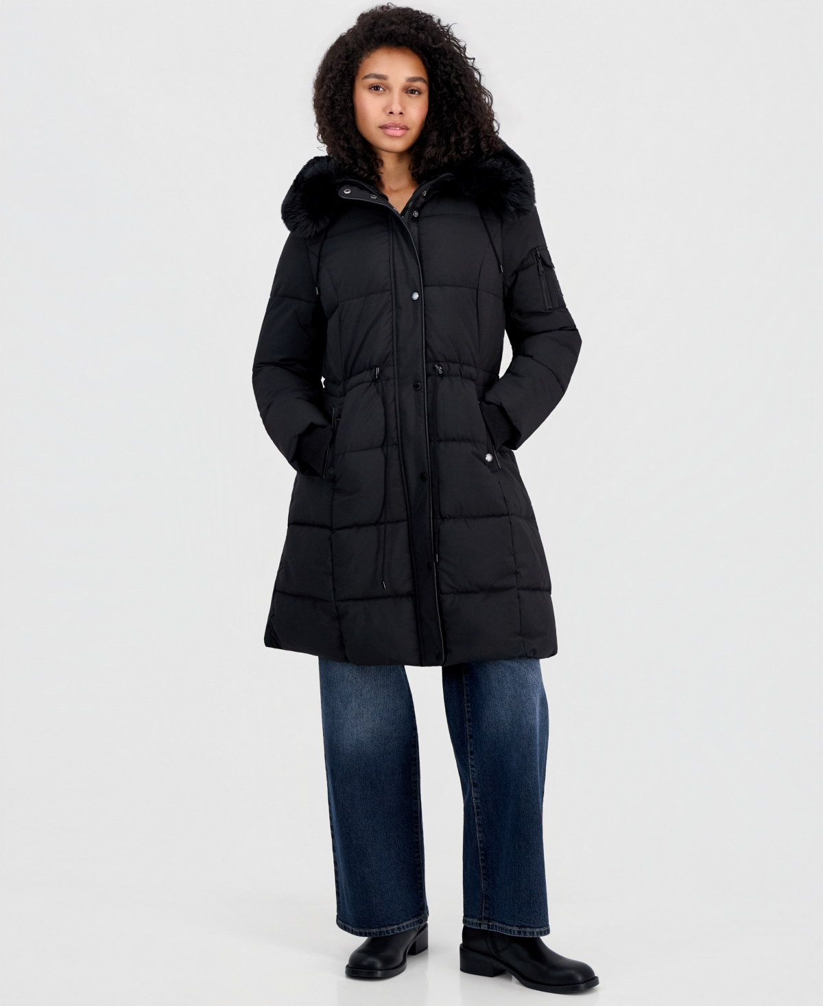 Women's Hooded Drawcord-Waist Puffer Coat - Black
