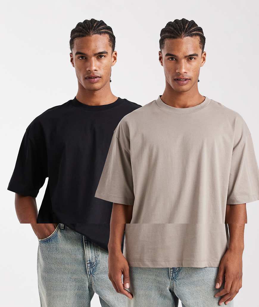 Essentials 2 pack oversized t-shirts in stone and black-Multi