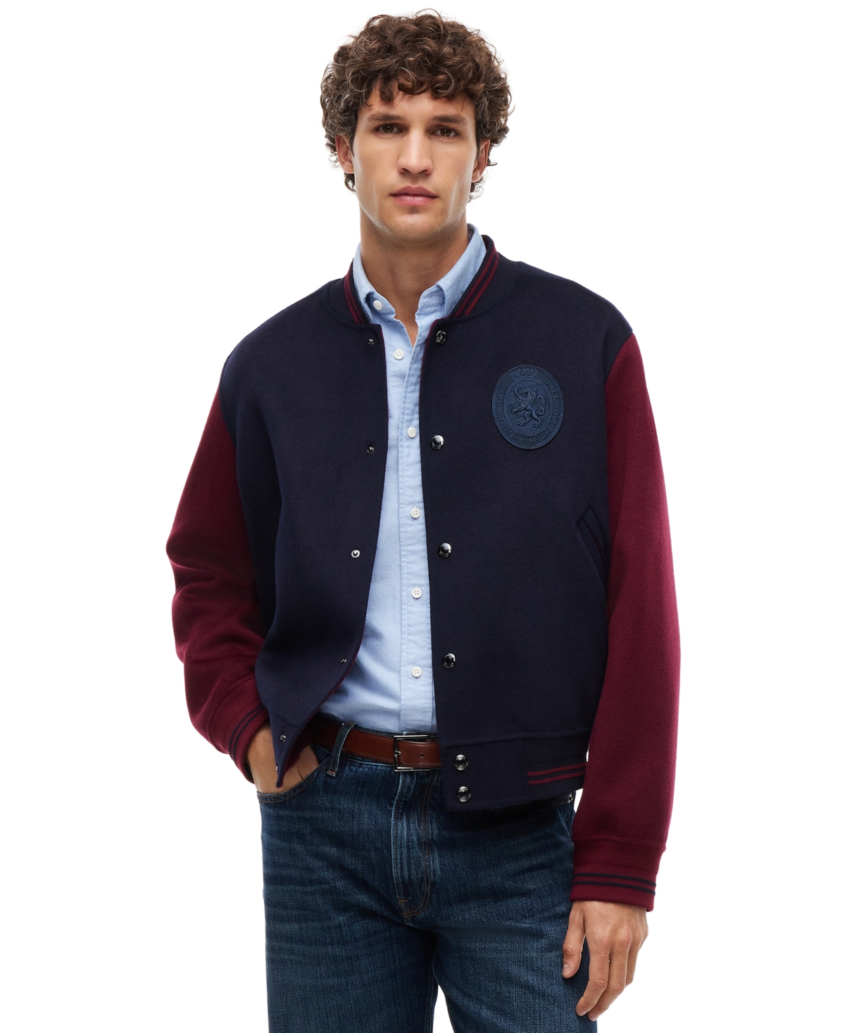 Men's Ny Splittable Wool-Blend Regular-Fit Varsity Jacket - Navy Blue/Burgundy